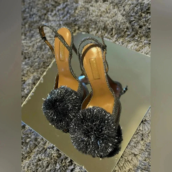 AQUAZZURA SILVER POMPOM SLINGBACK SANDALS - Picture 3 of 10